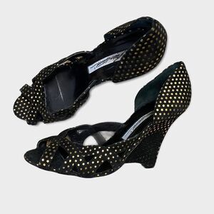 Brian Atwood Peep Toe Stiletto Wedge In Black With Gold‎ Dots Size 35